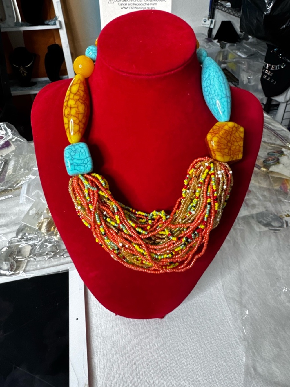 Multistrand Turquoise & Yellow Beaded Statement Necklace